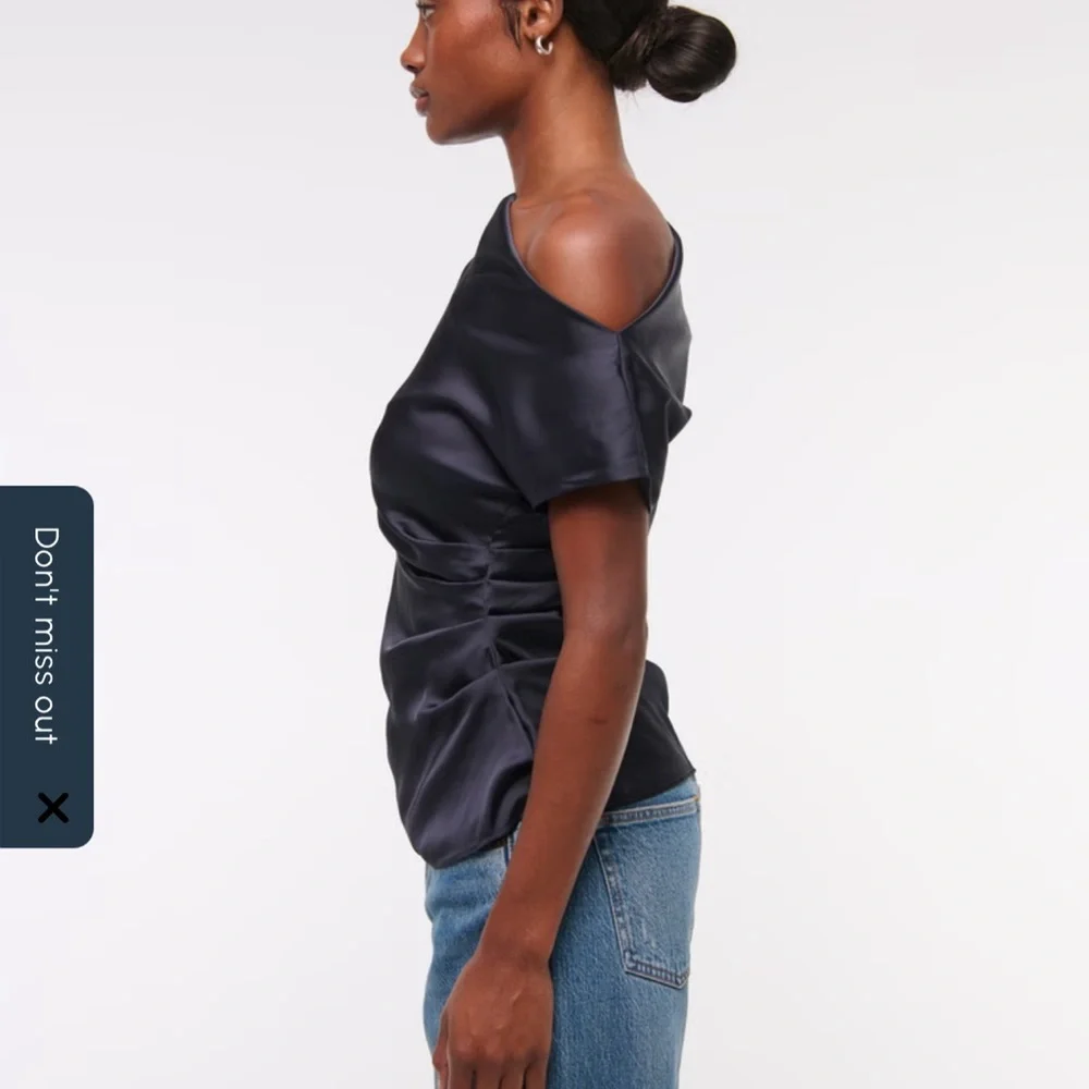 Asymmetrical One-Shoulder Satin Like Silk Like Top Navy Blue XS - Picture 4 of 9